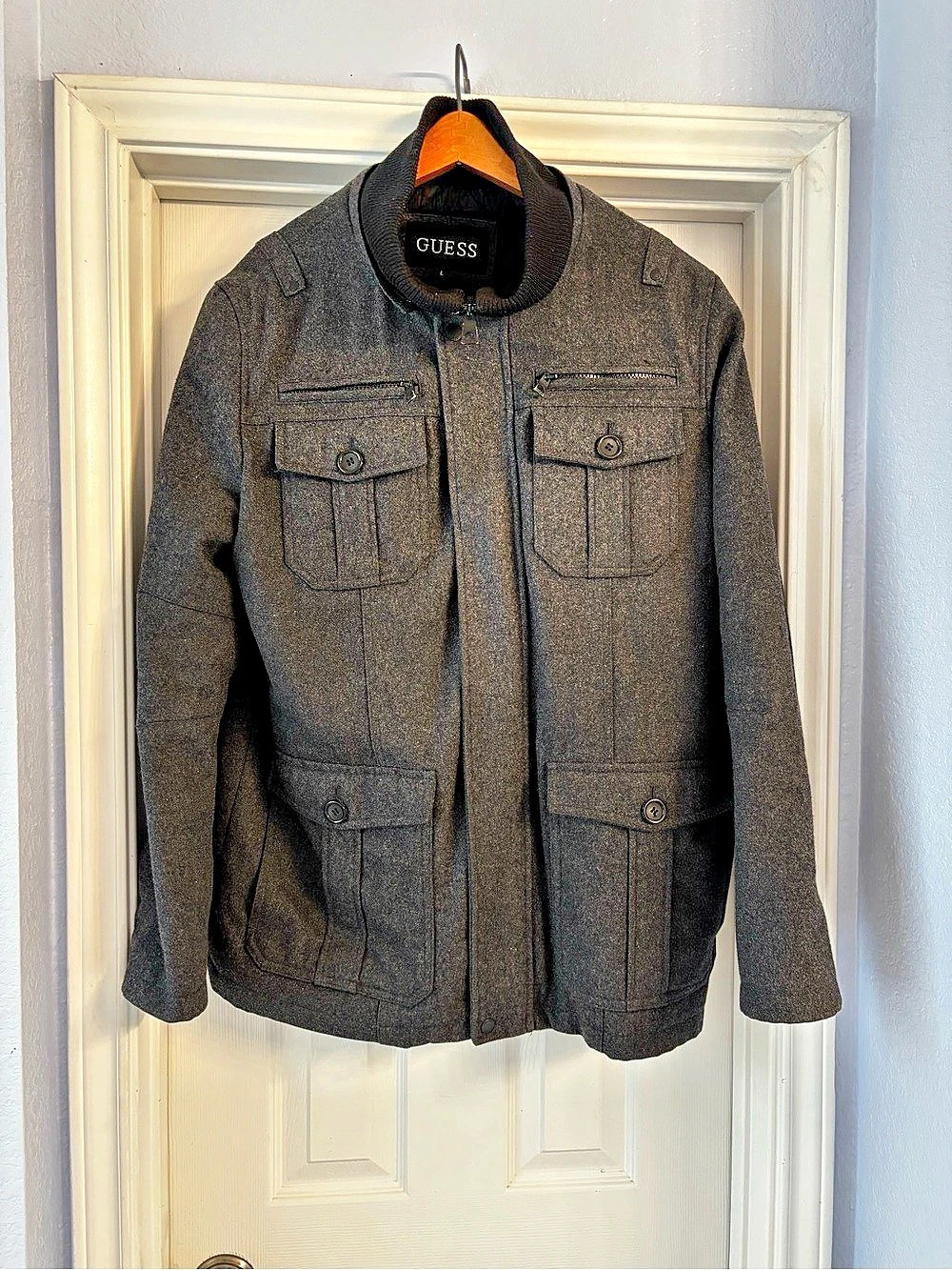 GUESS Wool Blend Military Field Utility Jacket Men's Field Jacket in Gray Sz L